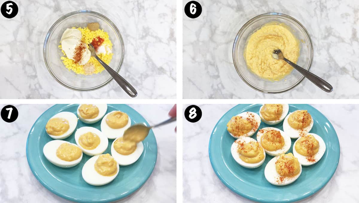 Un collage de fotos que muestra los pasos 5 a 8 para hacer huevos rellenos picantes. 