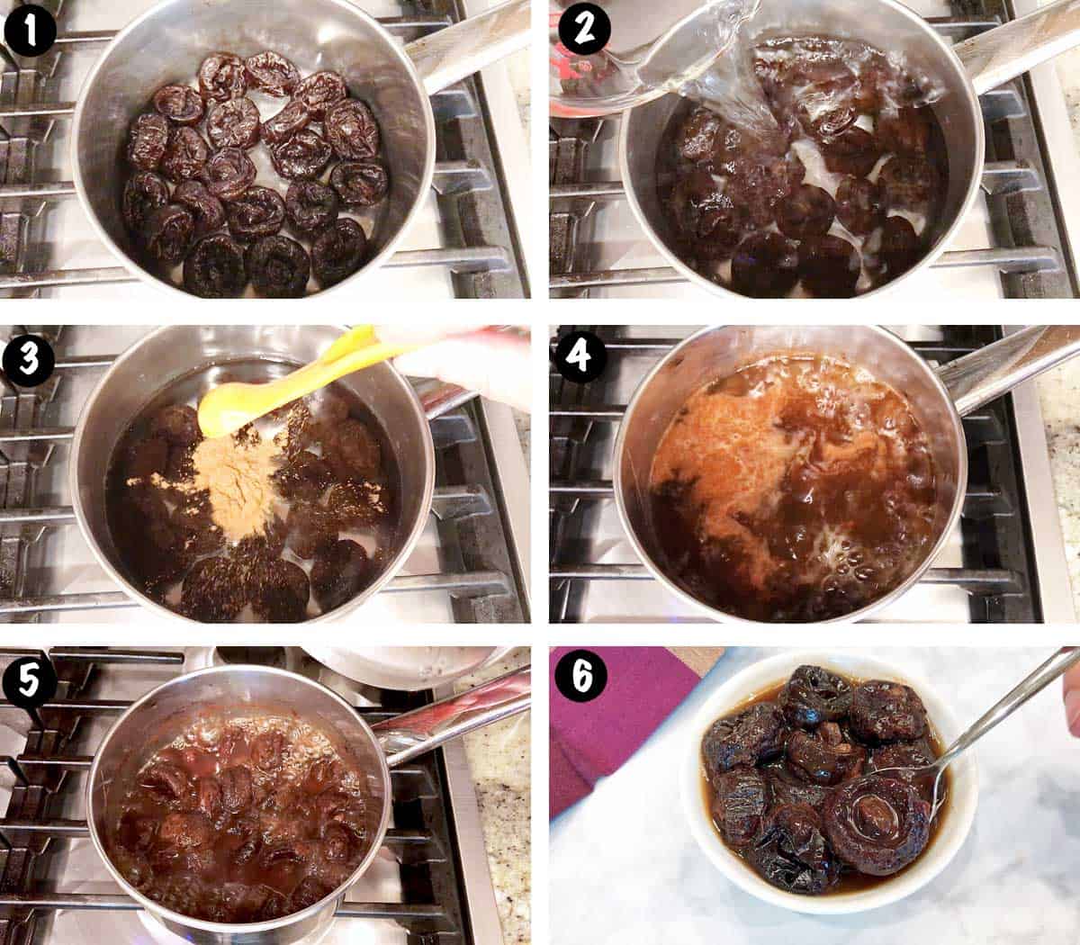A six-photo collage showing the steps for stewing prunes. 