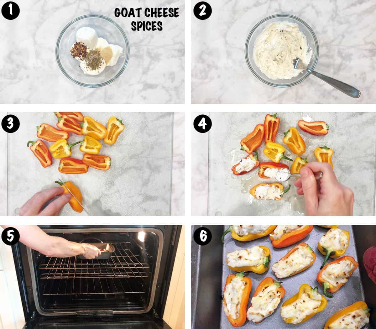 A six-photo collage showing the steps for making stuffed mini peppers. 