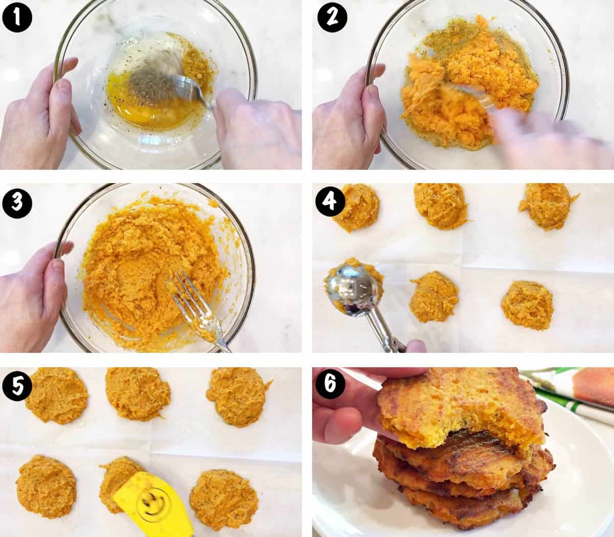 A six-photo collage showing the steps for making sweet potato cakes. 