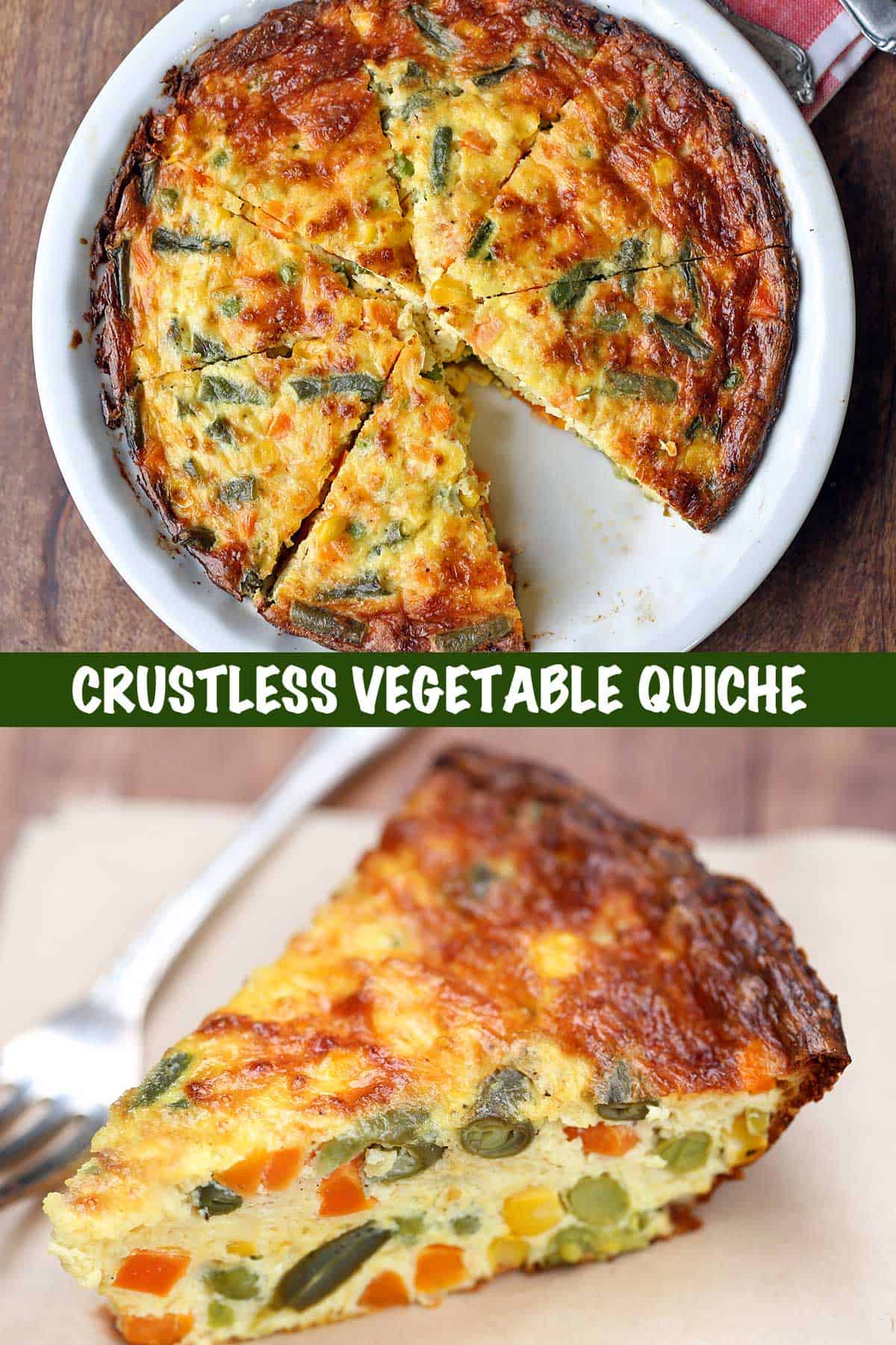 Two photos of a crustless vegetable quiche - the whole quiche and a slice. 
