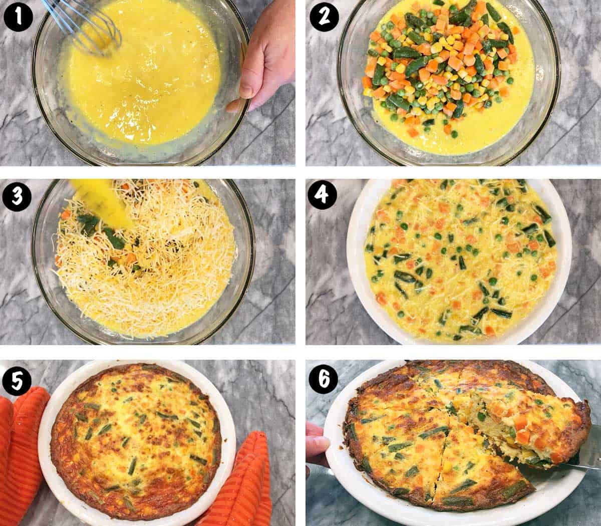 A six-photo collage showing the steps for making a crustless vegetable quiche. 