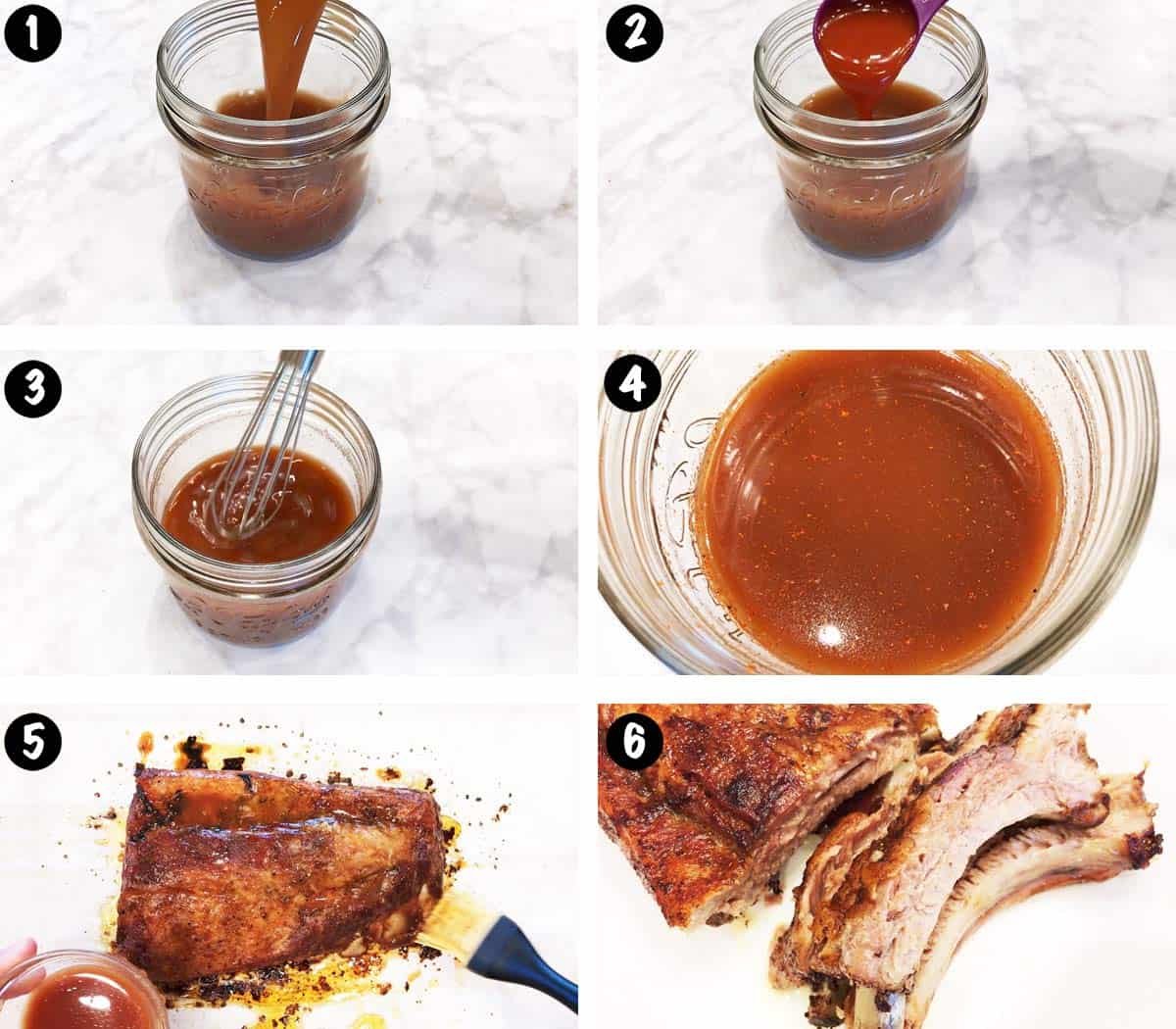 A six-photo collage showing the steps for making a vinegar BBQ sauce. 