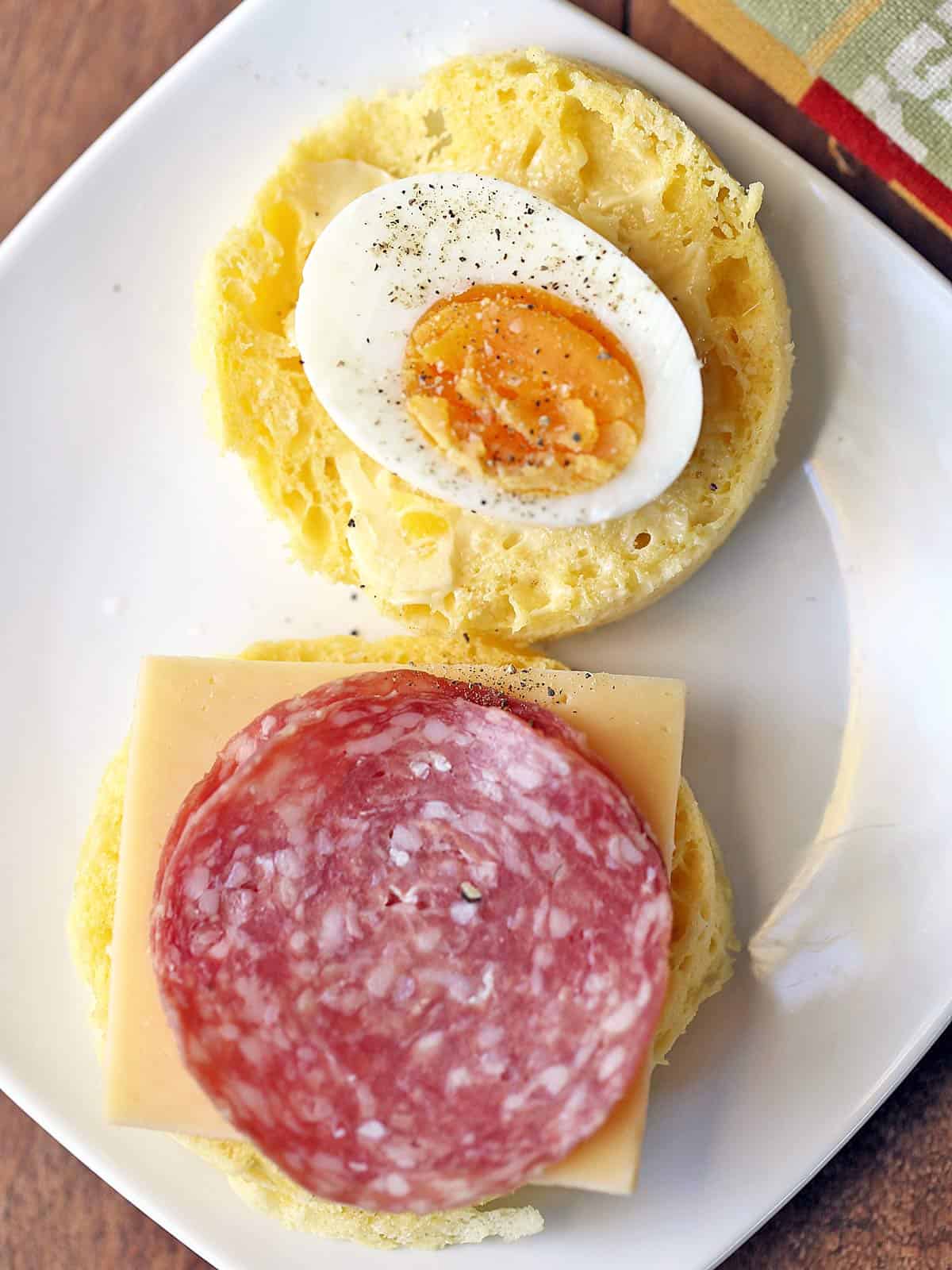 90-second bread topped with eggs, salami, and cheese. 