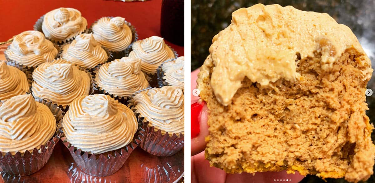 Dos fotos de lectores de cupcakes de calabaza bajos en carbohidratos. 