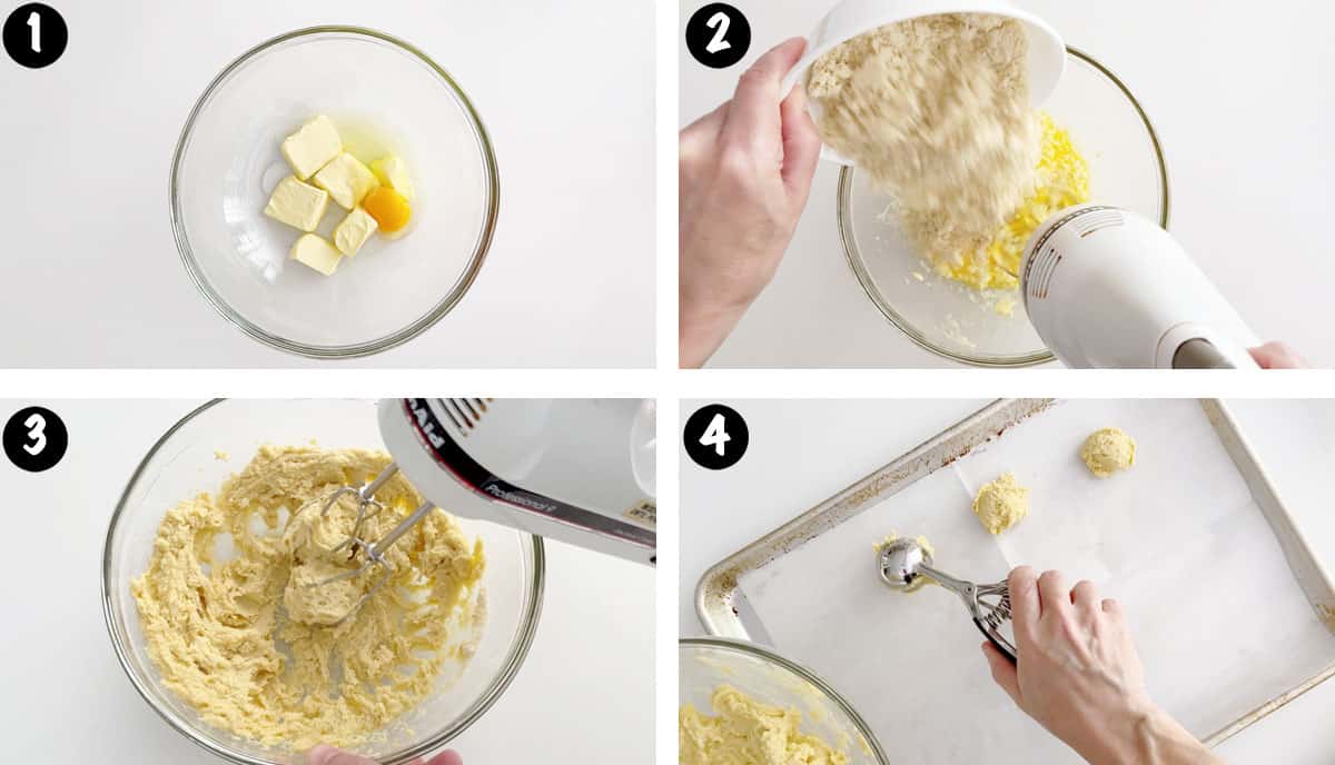 Un collage de fotos que muestra los pasos 1 a 4 para hacer galletas de harina de almendras. 