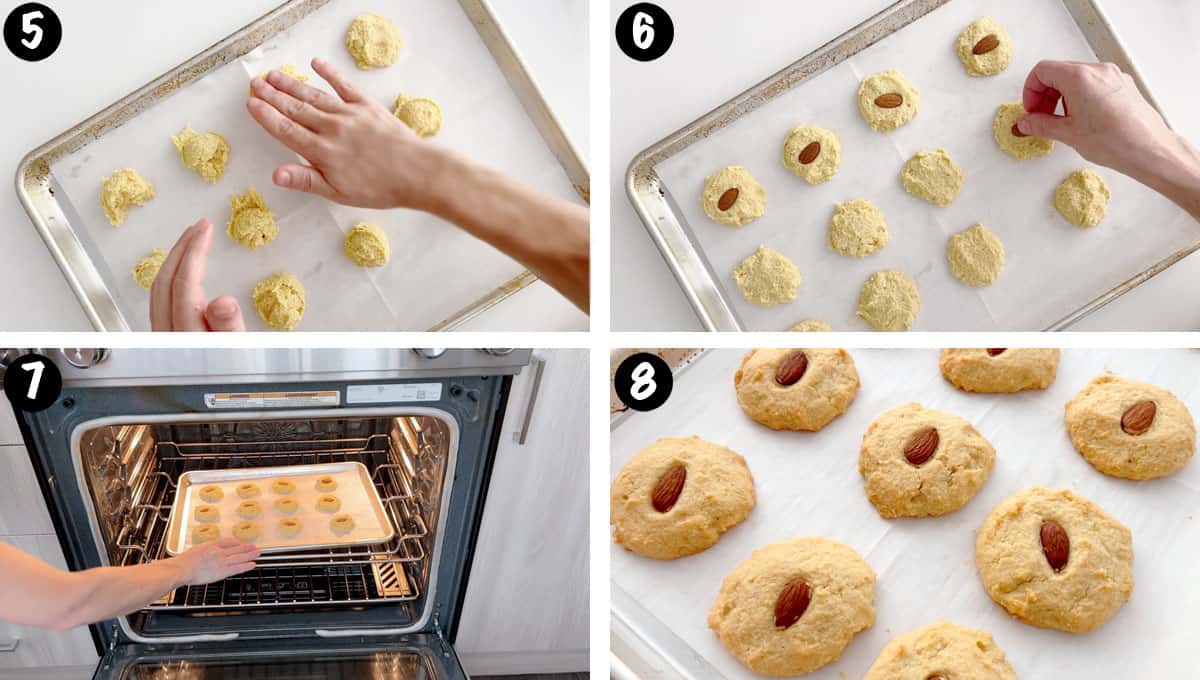 Un collage de fotos que muestra los pasos 5 a 8 para hacer galletas de harina de almendras. 