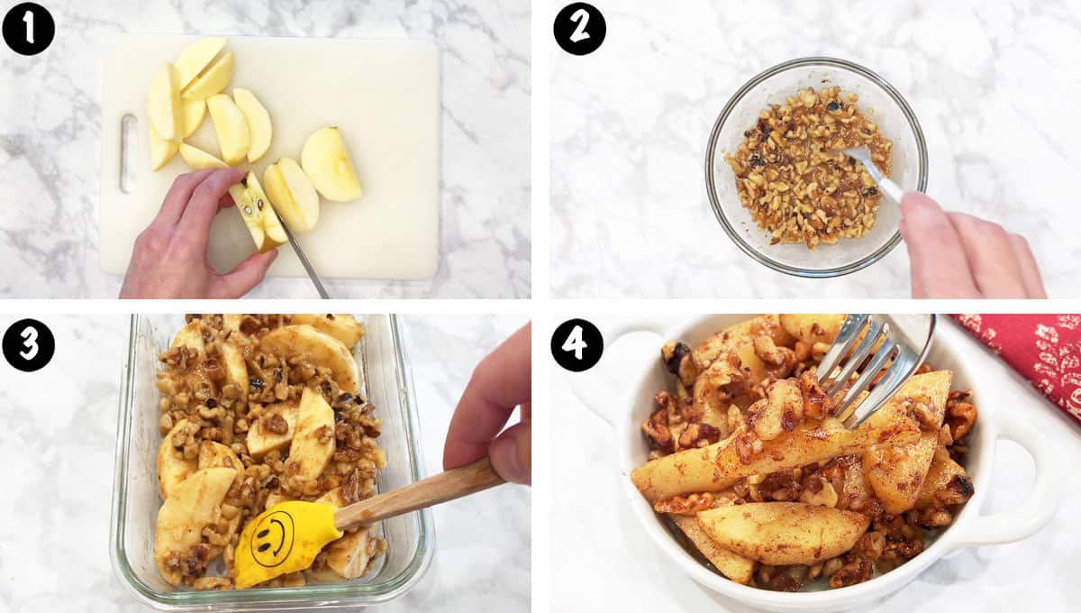 Un collage de cuatro fotos que muestra los pasos para hacer un crumble de manzana keto. 