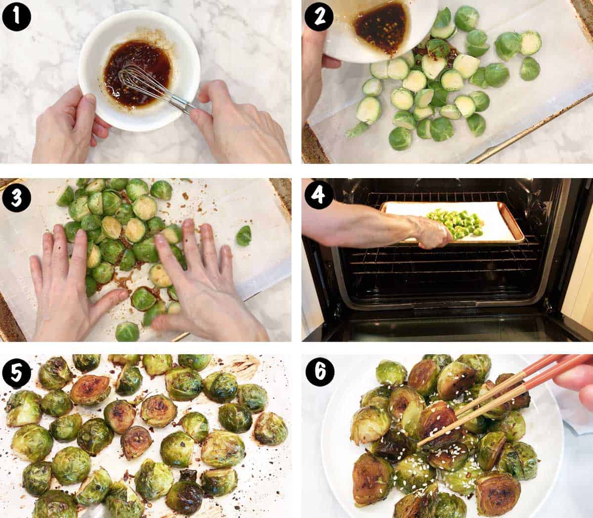 Un collage de seis fotografías que muestra los pasos para hacer coles de Bruselas asiáticas. 