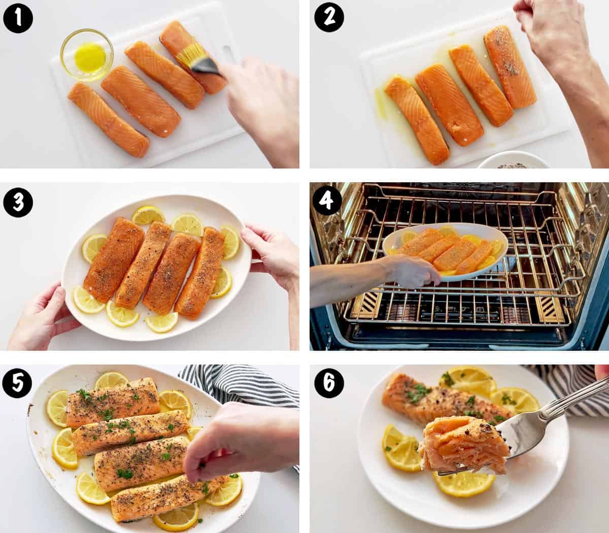 A six-photo collage showing the steps for baking salmon. 
