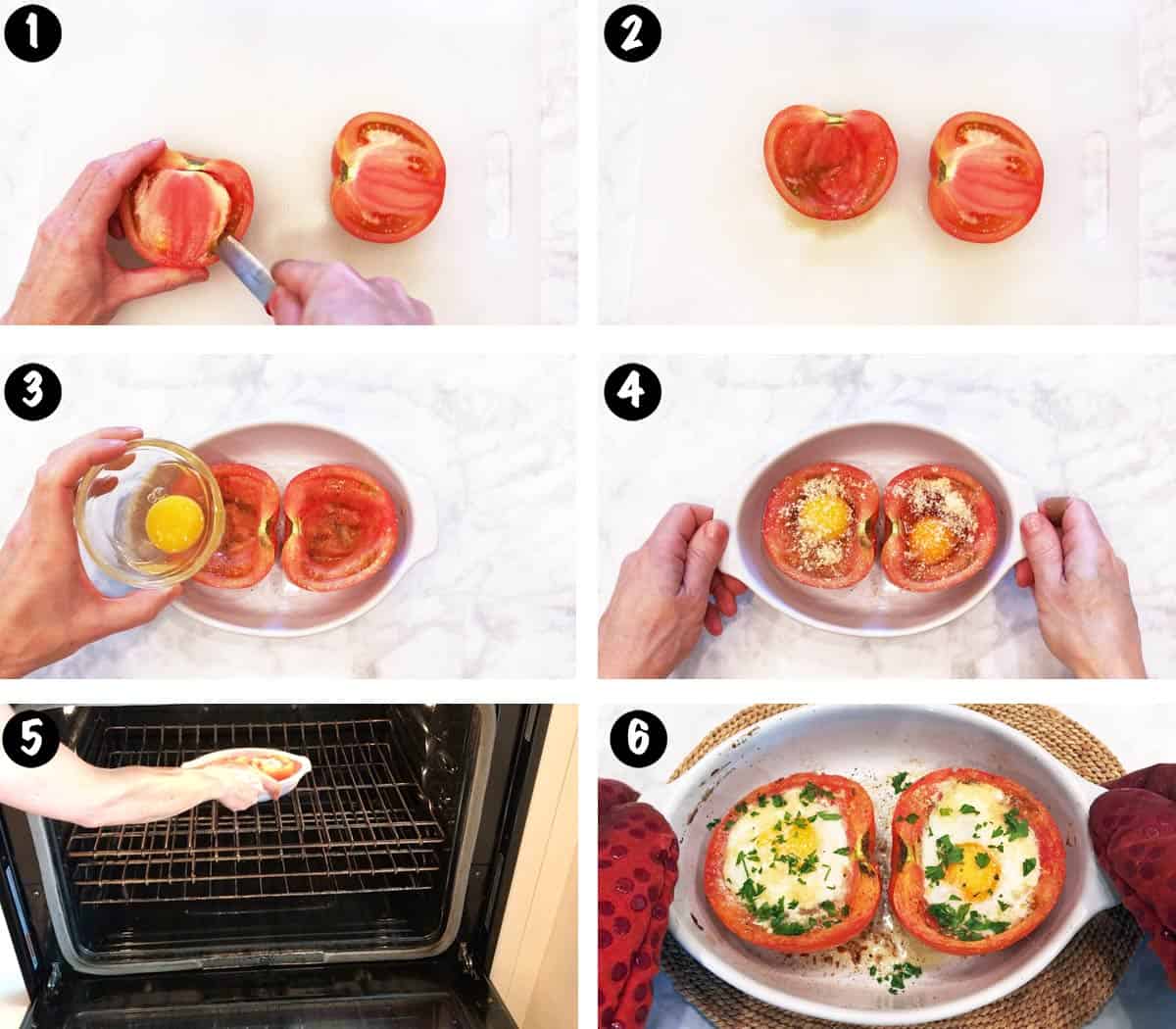 A six-photo collage showing the steps for making breakfast tomatoes. 