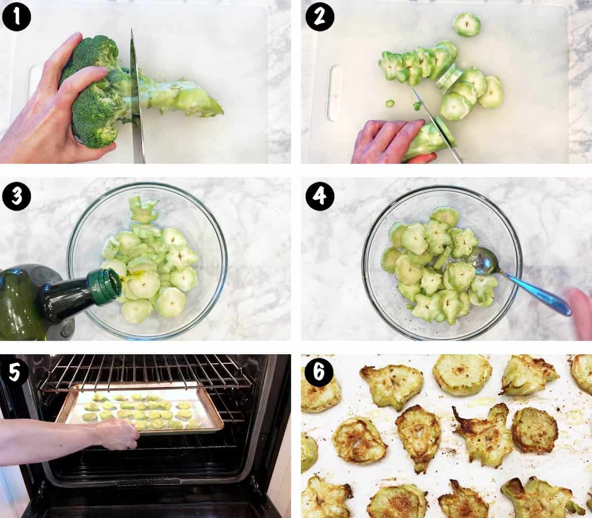 A six-photo collage showing the steps for cooking broccoli stalks. 