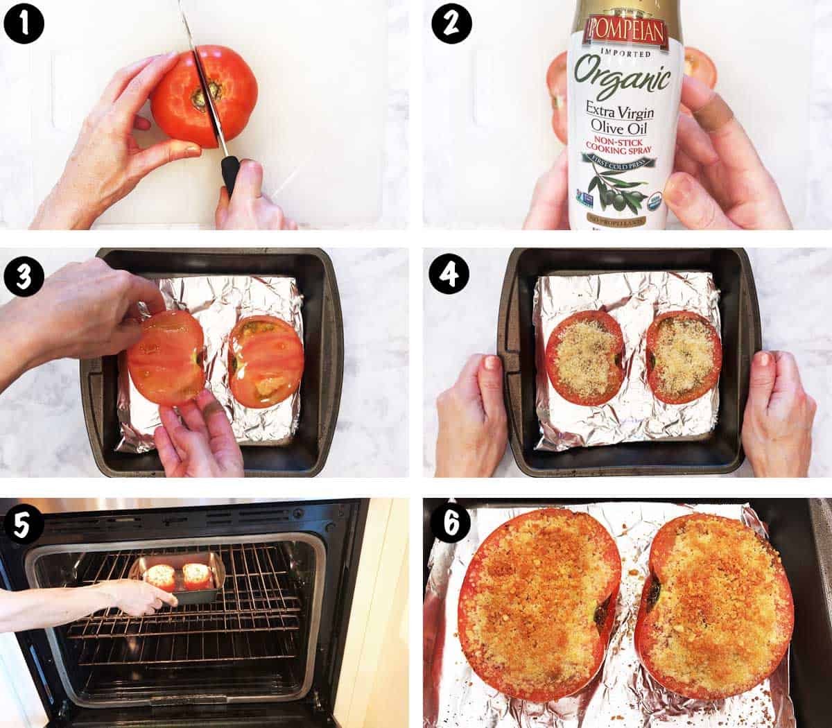 A six-photo collage showing the steps for broiling tomatoes in the oven. 