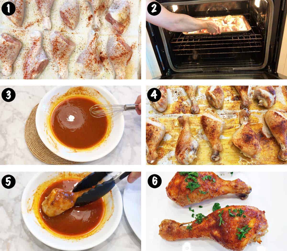 A six-photo collage showing the steps for making buffalo chicken. 