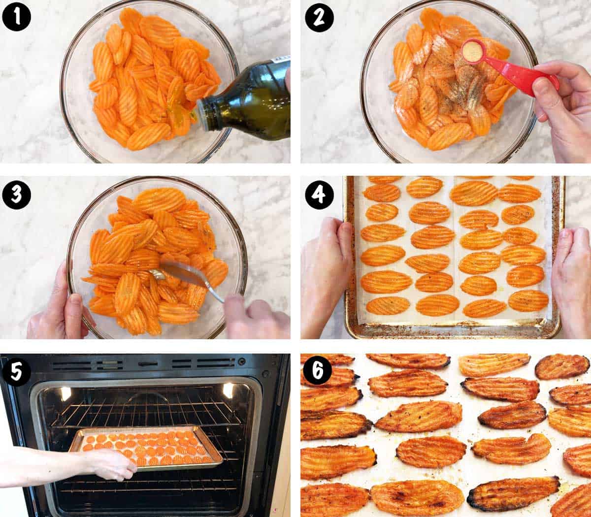 Un collage de seis fotos que muestra los pasos para hacer chips de zanahoria. 
