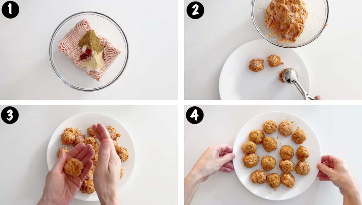 A four-photo collage showing steps 1-4 for making chicken meatballs. 