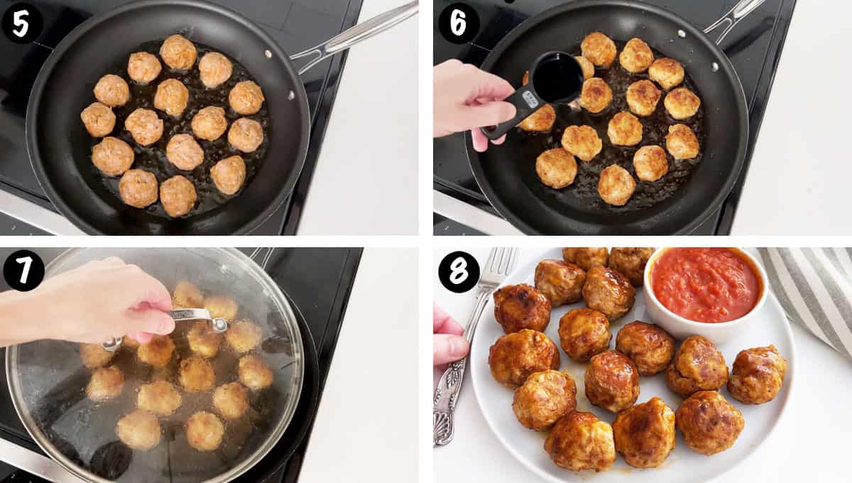 A four-photo collage showing steps 5-8 for making chicken meatballs. 