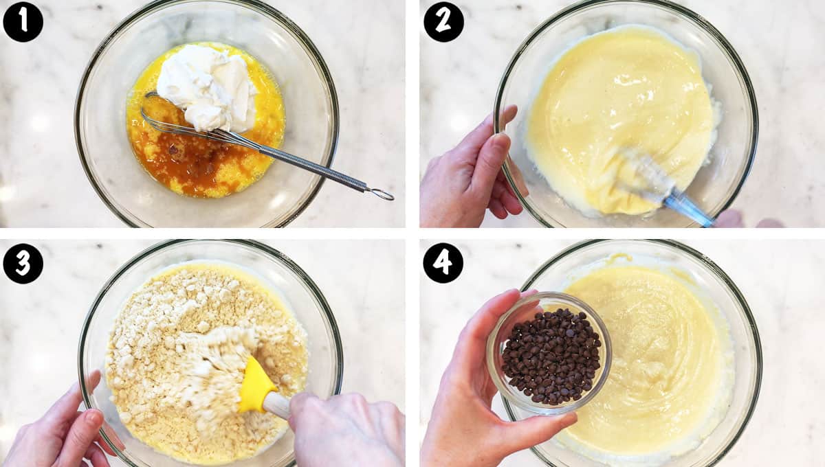Un collage de fotos que muestra los pasos 1 a 4 para hacer muffins cetogénicos con chispas de chocolate. 