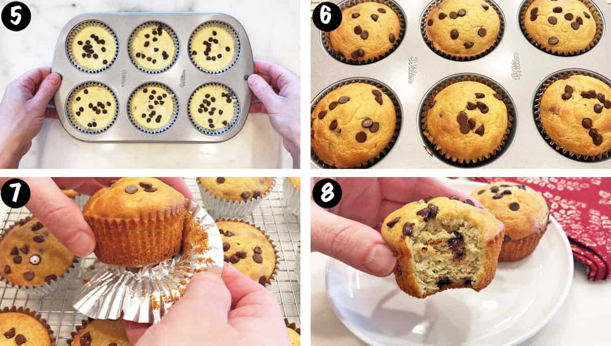 Un collage de fotos que muestra los pasos 5 a 8 para hacer muffins de chispas de chocolate bajos en carbohidratos. 