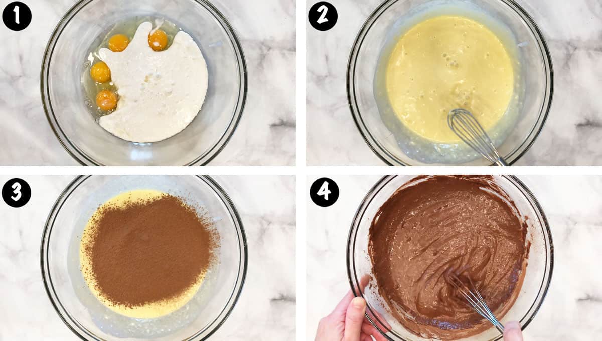 Un collage de fotos que muestra los pasos 1 a 4 para hacer un pastel de chocolate cetogénico. 