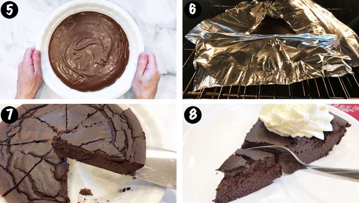 Un collage de fotos que muestra los pasos 5 a 8 para hacer un pastel de chocolate cetogénico. 