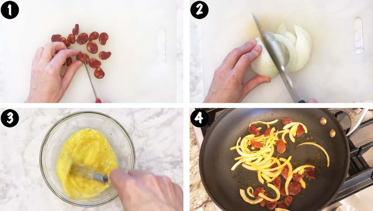 A photo collage showing steps 1-4 for making a chorizo omelette. 