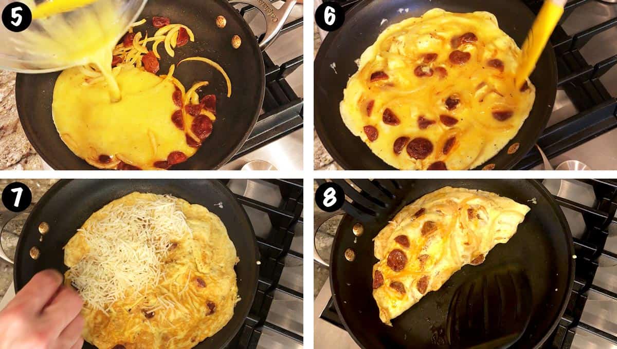 A photo collage showing steps 5-8 for making a chorizo omelette. 