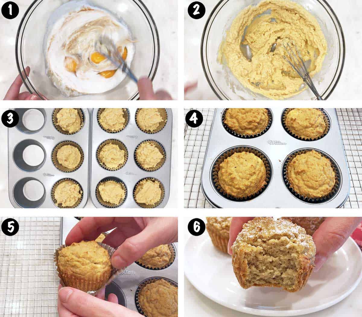 Un collage de seis fotos que muestra los pasos para hornear muffins de harina de coco. 