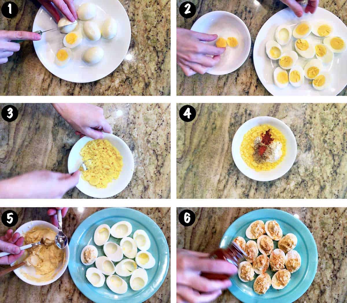 A six-photo collage showing the steps for making Greek yogurt deviled eggs.