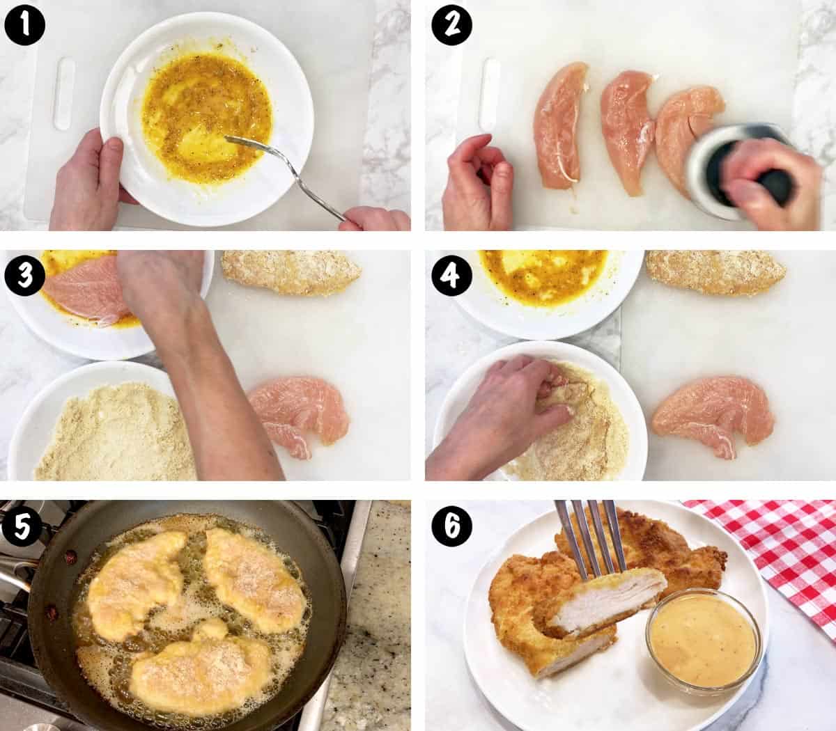 Un collage de seis fotos que muestra los pasos para hacer filetes de pollo sin gluten. 