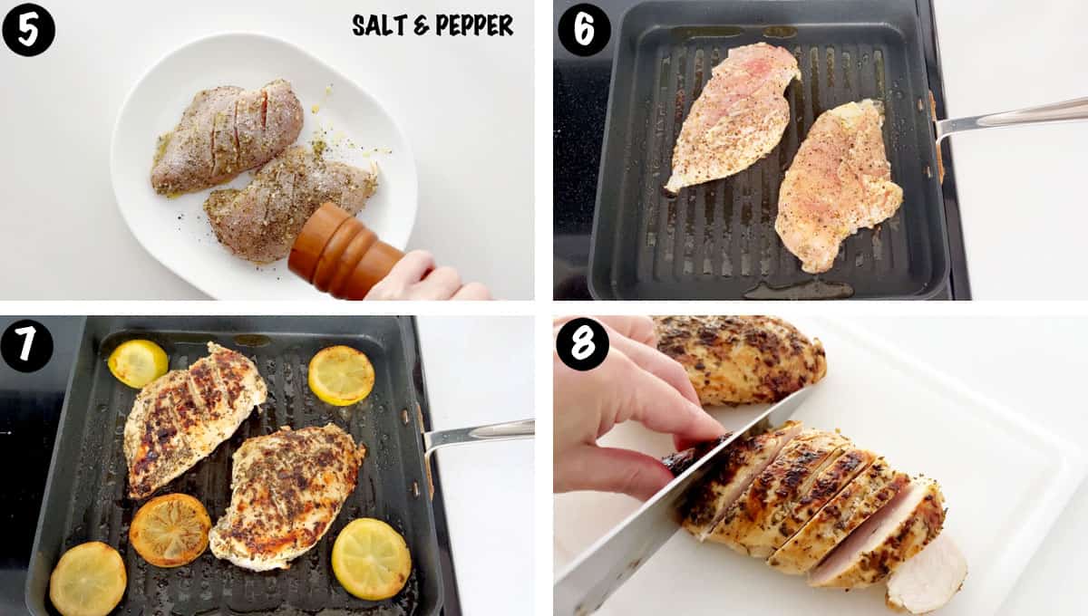 A photo collage showing steps 5-8 for making Greek chicken. 