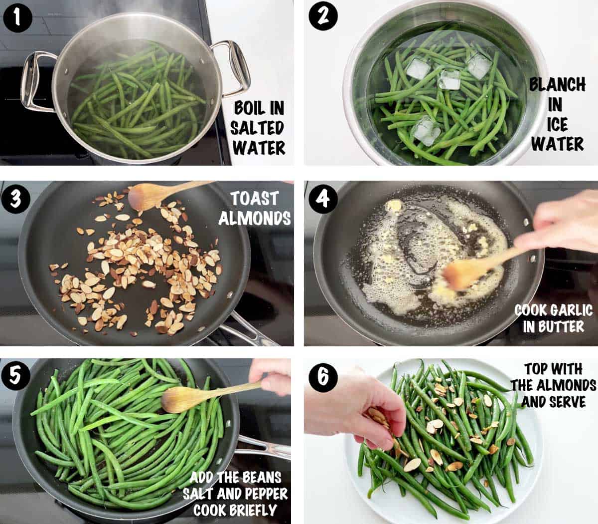 A six-photo collage showing the steps for making green beans almondine. 