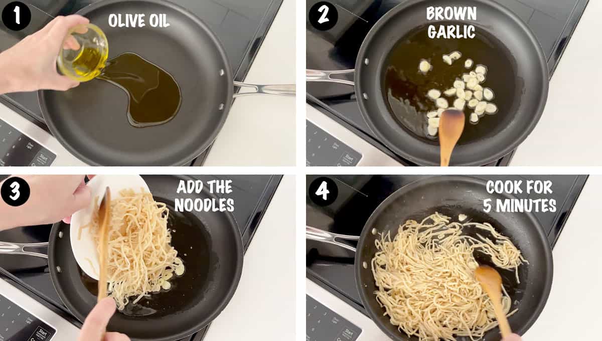 A photo collage showing steps 1-4 for cooking hearts of palm pasta.
