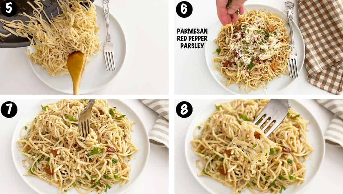 A photo collage showing steps 5-8 for cooking hearts of palm pasta.