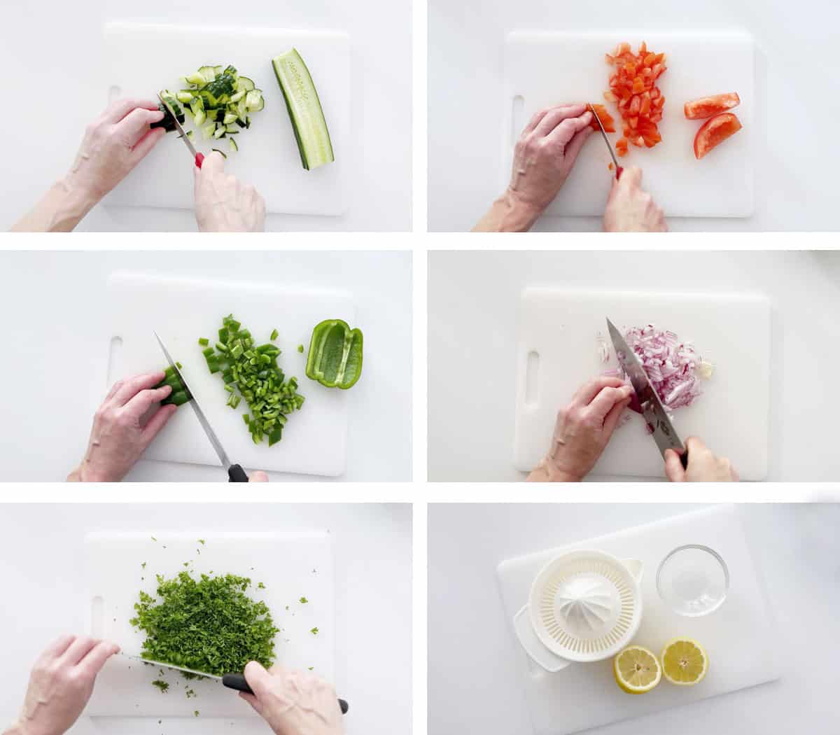 A six-photo collage showing how to prep the veggies for an Israeli salad. 