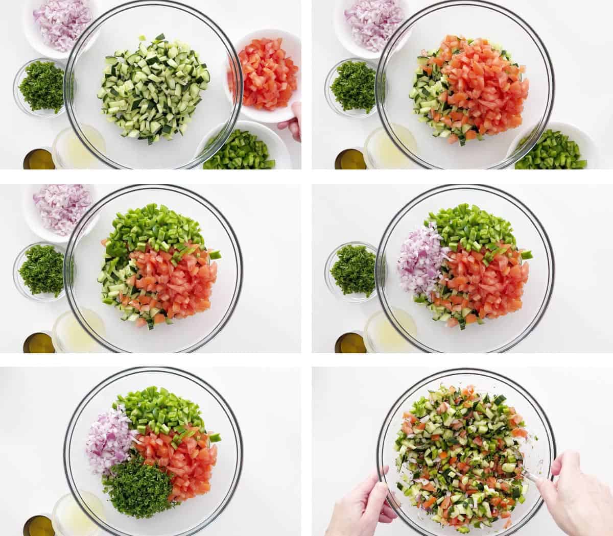 A six-photo collage showing how to mix and Israeli salad. 