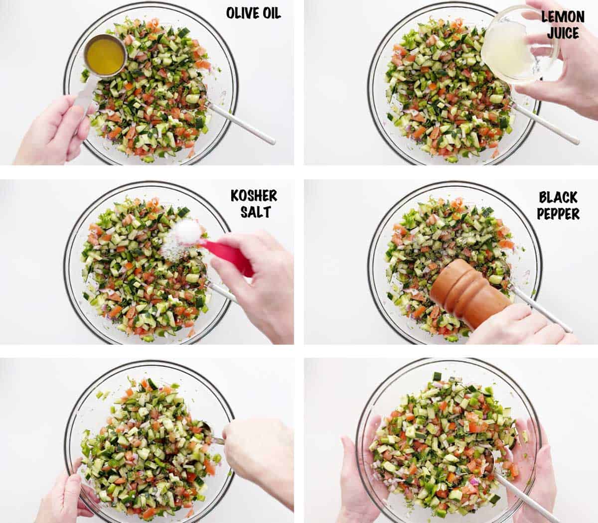 A six-photo collage showing how to season an Israeli salad. 