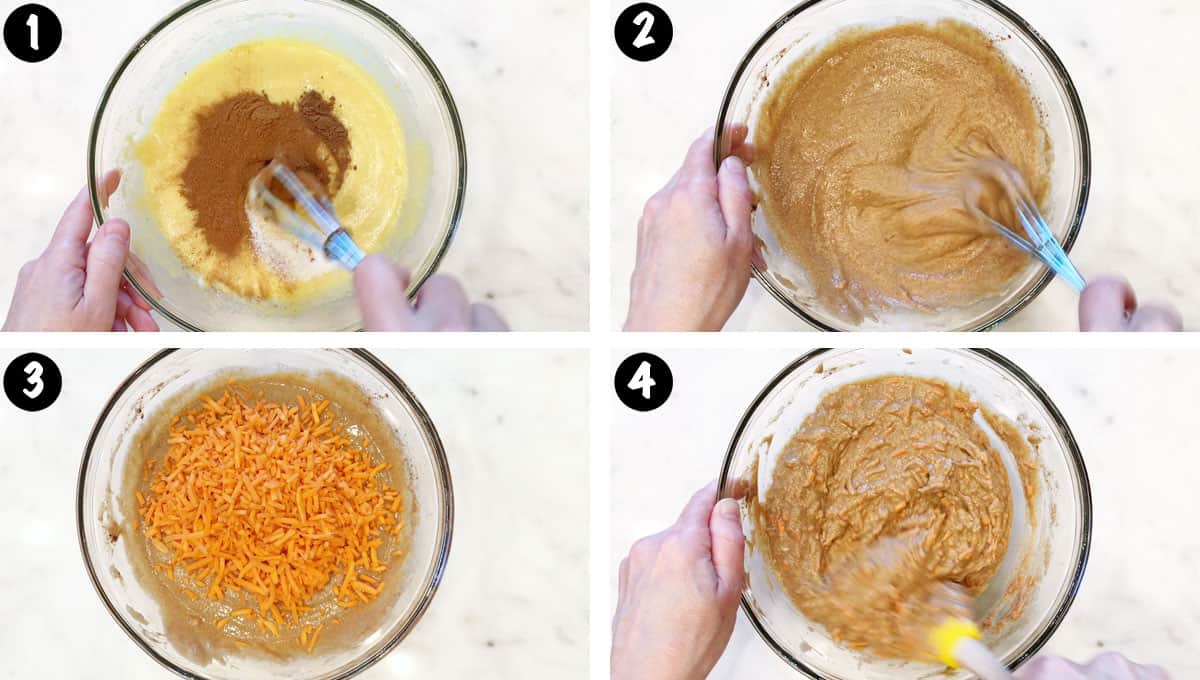 Un collage de fotos que muestra los pasos 1 a 4 para hacer un pastel de zanahoria bajo en carbohidratos. 
