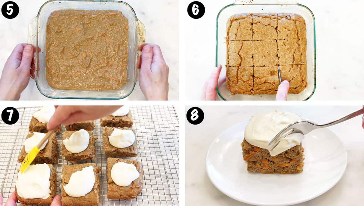 Un collage de fotos que muestra los pasos 5 a 8 para hornear un pastel de zanahoria cetogénico. 