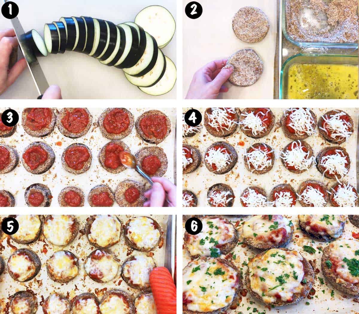 A six-photo collage showing the steps for making keto eggplant parmesan. 