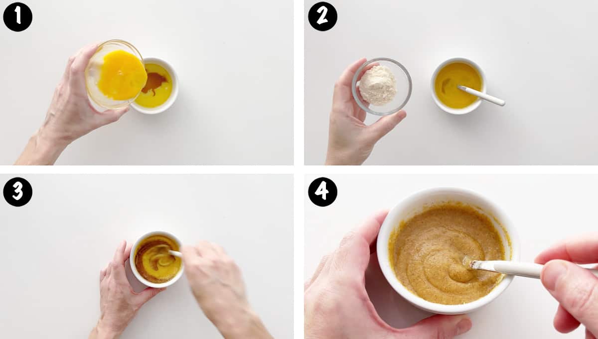 A four-photo collage showing how to mix the batter for a keto mug cake.