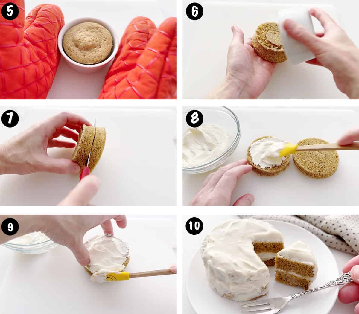 A six-photo collage showing how to frost a keto mug cake.