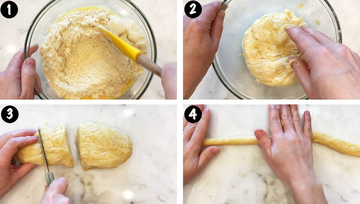 Un collage de fotos que muestra los pasos 1 a 4 para hacer pretzels cetogénicos. 