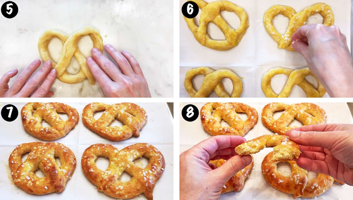Un collage de fotos que muestra los pasos 5 a 8 para hacer pretzels cetogénicos. 