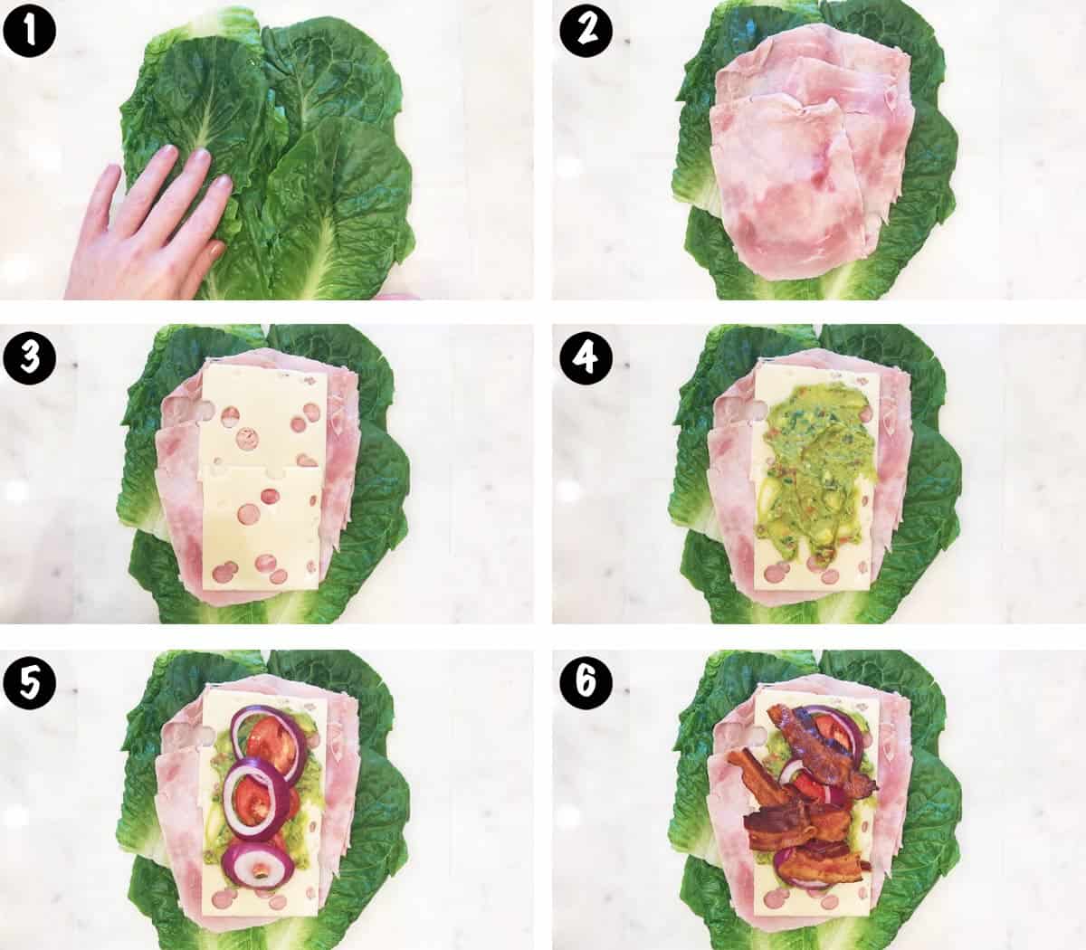 A photo collage showing steps 1-6 for making a lettuce sandwich. 