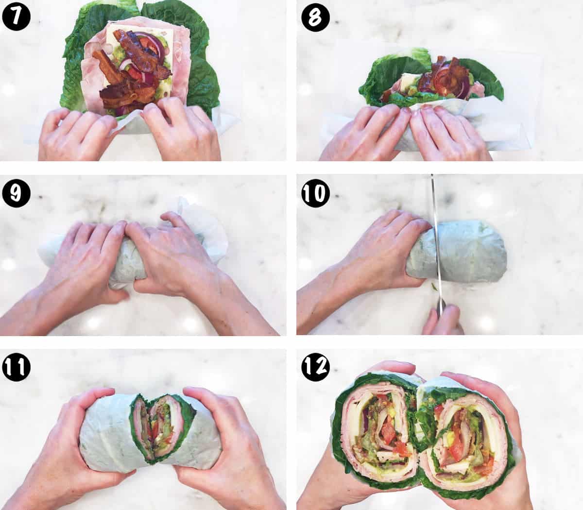 Un collage de fotos que muestra los pasos 7 a 12 para hacer un sándwich de lechuga. 
