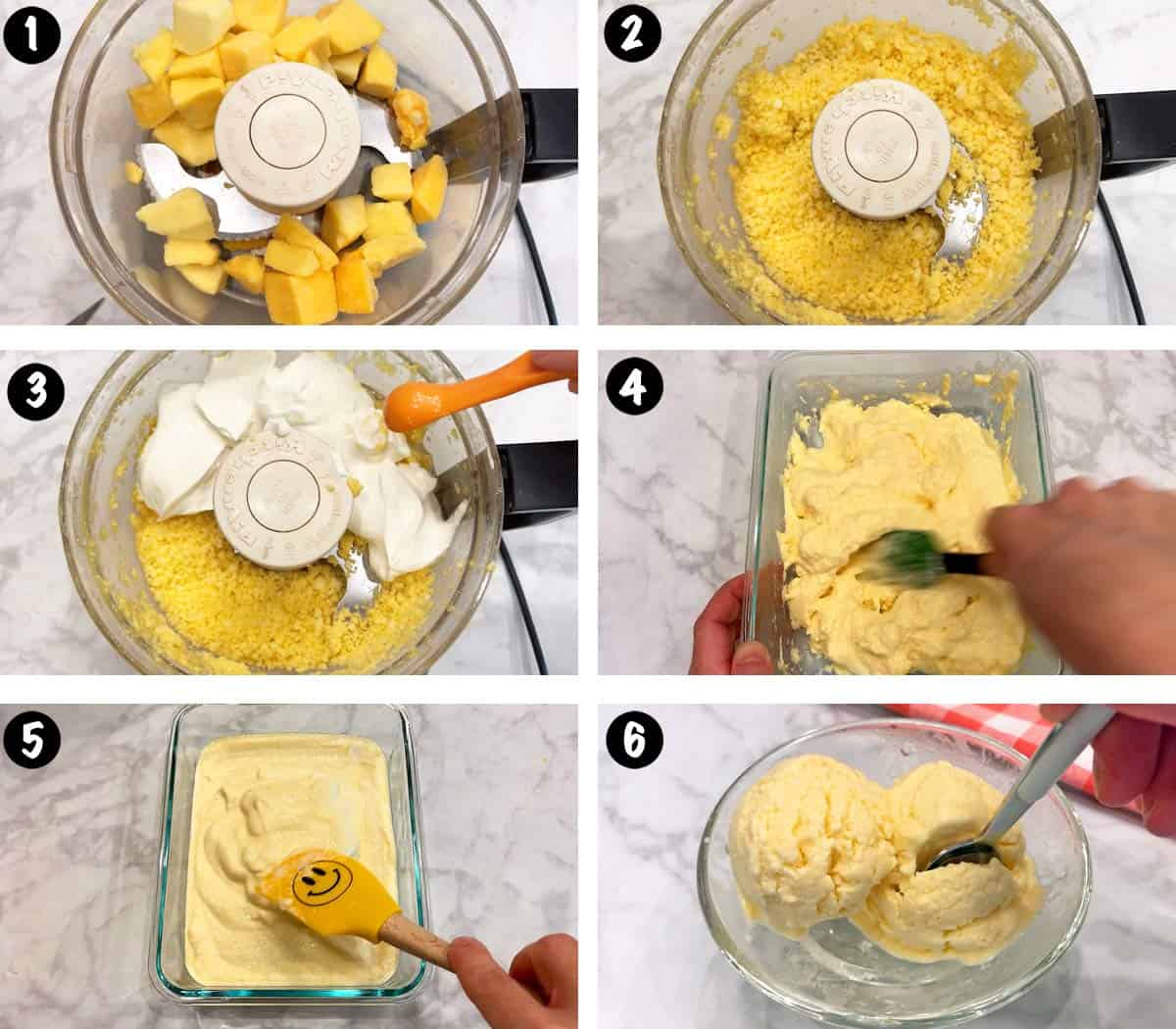 Un collage de seis fotos que muestra los pasos para hacer yogur helado de mango. 