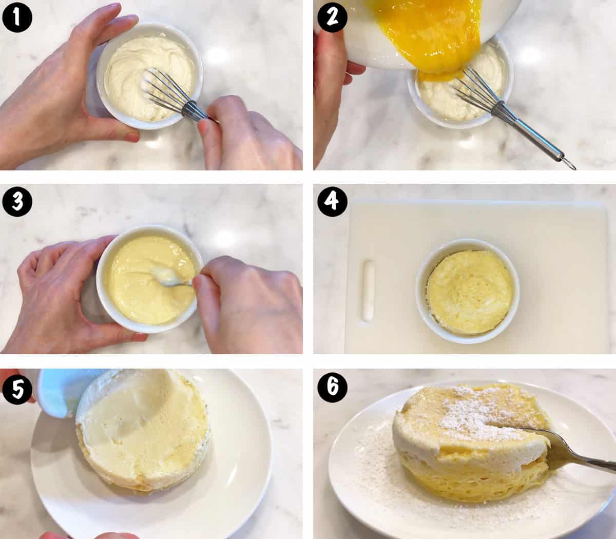 Un collage de seis fotos que muestra los pasos para hacer una tarta de queso en el microondas. 