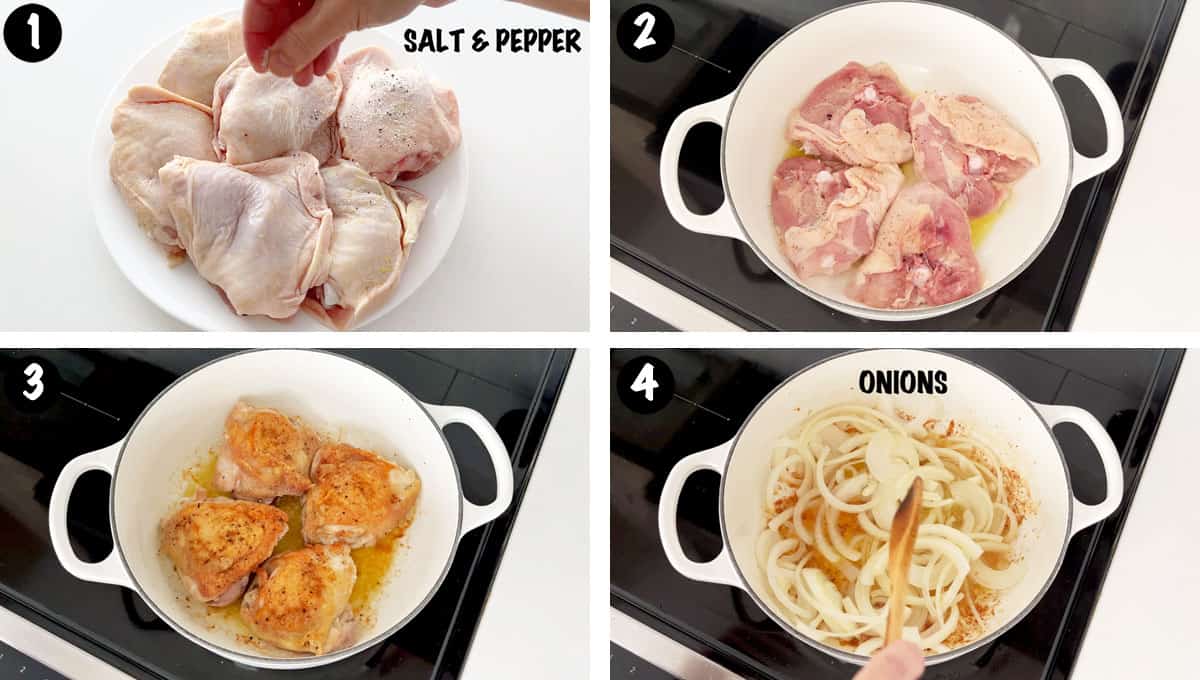 A photo collage showing steps 1-4 for making Moroccan chicken. 