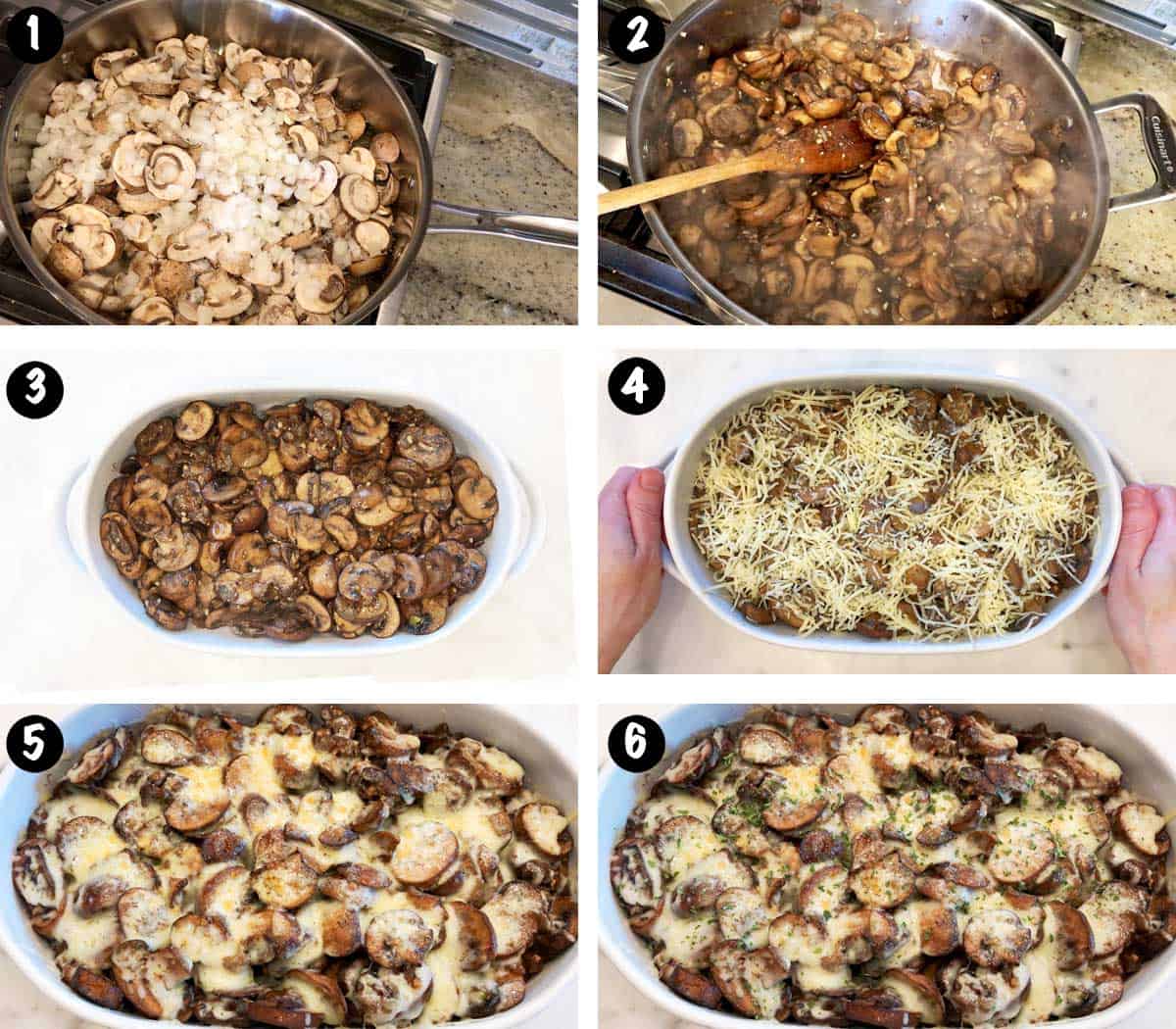 A six-photo collage showing the steps for making a mushroom casserole. 